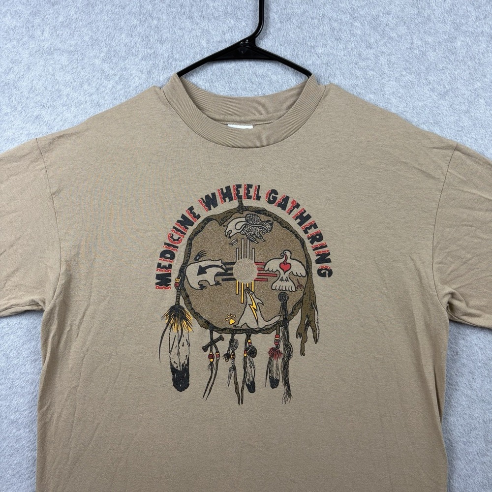Vintage 90s Native American T Shirt Mens Large Tan Art Single Stitch USA Made - Picture 2 of 10